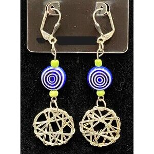 Handmade Concentric Circle Blue Glass Bead & Woven Wire Earrings by Neanie-Bot